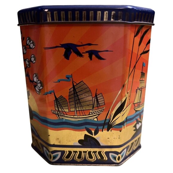 1960s Chinoiserie Tin - Ships with Blossoms Orange / Blue Octagonal Hinged Lid - Picture 6 of 8